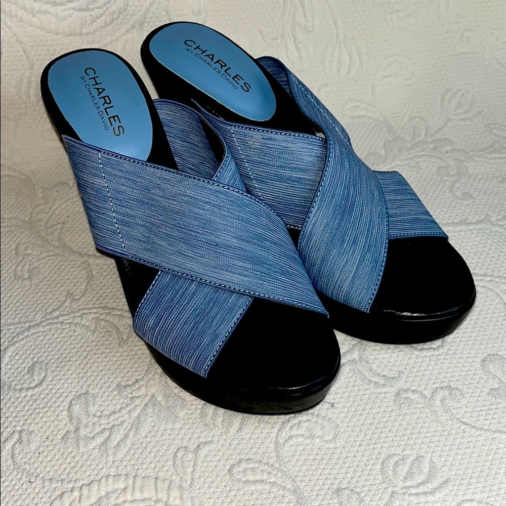 Charles David 4 1/2” black Wedges, blue crossover straps, Comfort insole 9m.